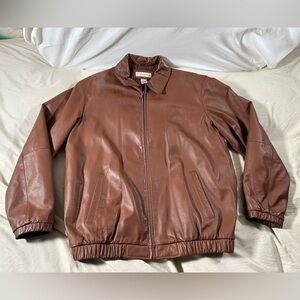 Preston & York Tobacco Brown Leather Jacket Large Full Zip Y2K Bomber 90s Retro